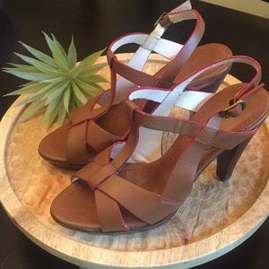 Brown Leather Heels with Red Trim Boden Size 6